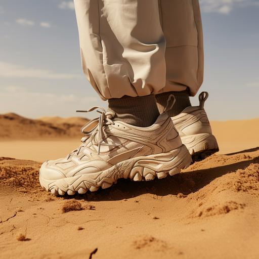 Create a 1:1 aspect ratio product image of a beige functional athletic shoe in a wasteland theme, with a model standing on the sandy ground against a brown-yellow natural background, focusing on the shoe up to the hem of the pants, encapsulating a desolate functional aesthetic.