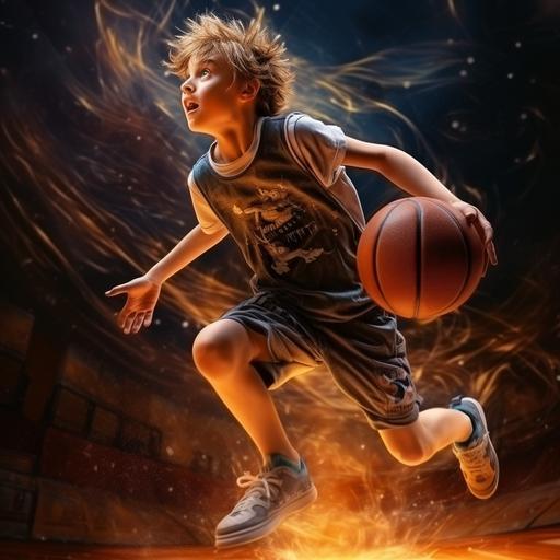 Create a 12-year-old boy, thin, wearing Jordan tennis shoes and wearing a t-shirt and basketball shorts, throwing a ball into the basket. Realistic, dramatic moment, ultra HD