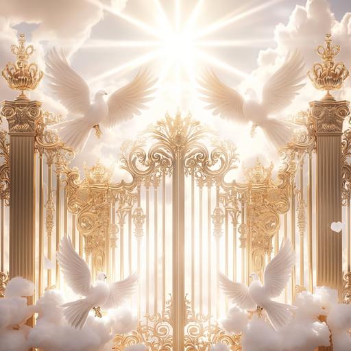 Create a 3D heavenly background with gold gates with white doves and a ray of light beaming down. white background and a halo and crown on top --v 6.0