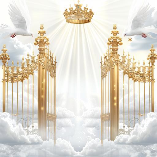 Create a 3D heavenly background with gold gates with white doves and clouds and a ray of light beaming down. white background and a halo and crown on top