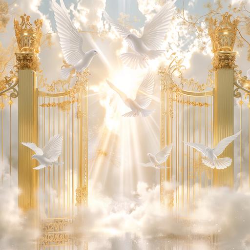 Create a 3D heavenly background with gold gates with white doves and a ray of light beaming down. white background and a halo and crown on top --v 6.0