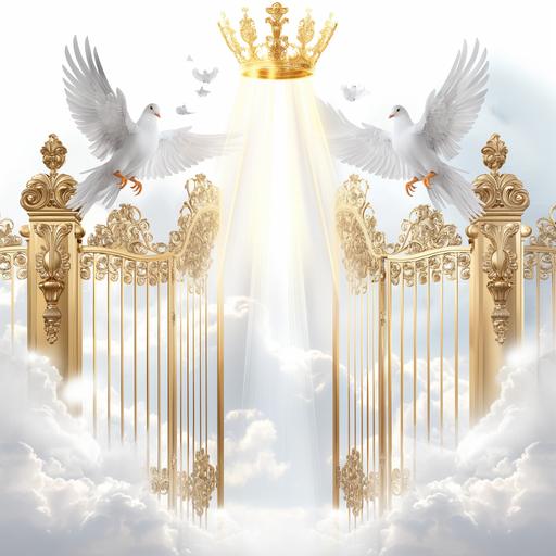 Create a 3D heavenly background with gold gates with white doves and clouds and a ray of light beaming down. white background and a halo and crown on top --v 6.0
