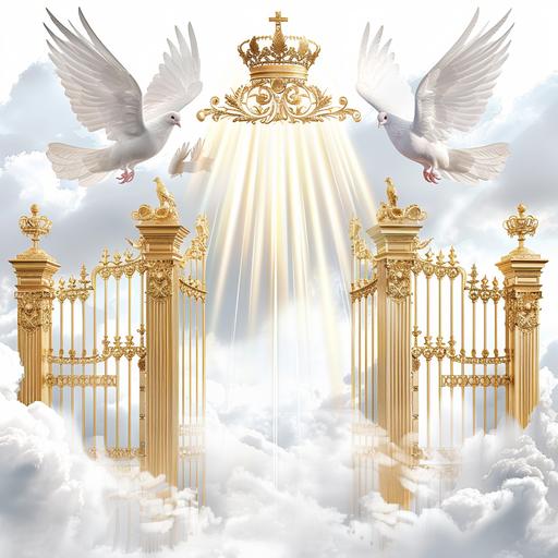 Create a 3D heavenly background with gold gates with white doves and clouds and a ray of light beaming down. white background and a halo and crown on top