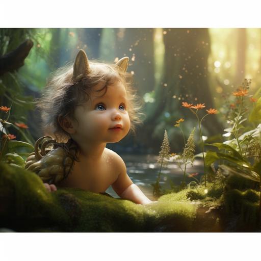 Create a 4K, photorealistic depiction of an enchanting, verdant forest, shimmering under a gentle sunlight. At the heart of this forest, a beautiful, cherubic infant sits gracefully on a soft bed of moss and wildflowers. The baby, with rosy cheeks, twinkling eyes, and a smile that radiates innocence, carefully feeds a young, fluffy bear cub with golden honey from a tiny jar. The bear cub, with wide eyes filled with trust, gleefully licks the honey, their bond evident and heartwarming. Around them, the air is alive with the flutter of iridescent butterflies of various colors, some landing gently on the baby and the bear, adding a magical touch. The ground is carpeted with a vivid array of blossoming flowers, their petals dew-kissed and vibrant. Every element of the scene should echo a fairytale's serenity and beauty, blending the wonder of childhood with nature's splendor