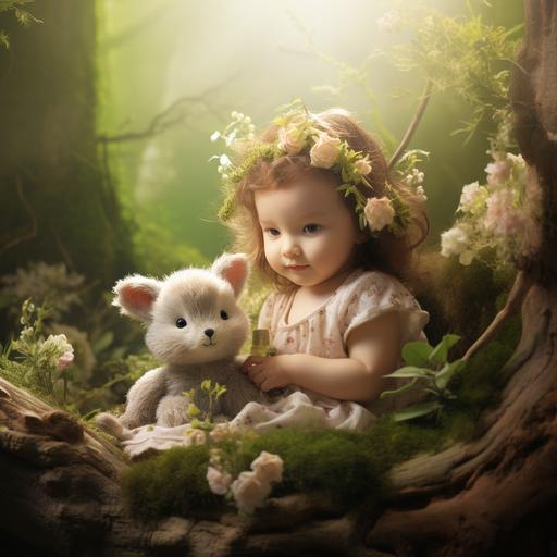 Create a 4K, photorealistic depiction of an enchanting, verdant forest, shimmering under a gentle sunlight. At the heart of this forest, a beautiful, cherubic infant sits gracefully on a soft bed of moss and wildflowers. The baby, with rosy cheeks, twinkling eyes, and a smile that radiates innocence, carefully feeds a young, fluffy bear cub with golden honey from a tiny jar. The bear cub, with wide eyes filled with trust, gleefully licks the honey, their bond evident and heartwarming. Around them, the air is alive with the flutter of iridescent butterflies of various colors, some landing gently on the baby and the bear, adding a magical touch. The ground is carpeted with a vivid array of blossoming flowers, their petals dew-kissed and vibrant. Every element of the scene should echo a fairytale's serenity and beauty, blending the wonder of childhood with nature's splendor