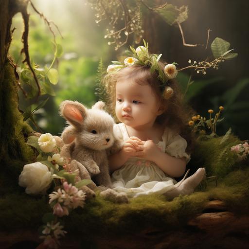 Create a 4K, photorealistic depiction of an enchanting, verdant forest, shimmering under a gentle sunlight. At the heart of this forest, a beautiful, cherubic infant sits gracefully on a soft bed of moss and wildflowers. The baby, with rosy cheeks, twinkling eyes, and a smile that radiates innocence, carefully feeds a young, fluffy bear cub with golden honey from a tiny jar. The bear cub, with wide eyes filled with trust, gleefully licks the honey, their bond evident and heartwarming. Around them, the air is alive with the flutter of iridescent butterflies of various colors, some landing gently on the baby and the bear, adding a magical touch. The ground is carpeted with a vivid array of blossoming flowers, their petals dew-kissed and vibrant. Every element of the scene should echo a fairytale's serenity and beauty, blending the wonder of childhood with nature's splendor