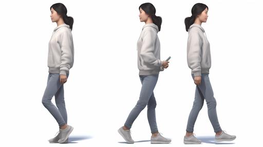Create a HI RES PHOTO REALISTIC DETAILED IMAGE OF A YOUNG ASIAN WOMAN standing or walking, ABOUT TO TAKE A BITE OF JERKY. She is in her early 20s with straight shoulder length black hair. She is wearing a plain gray sweatshirt, a pair of plain boyfriend jeans and plain white tennis shoes. --ar 16:9 --v 5.1 --s 750