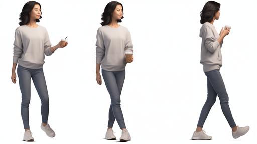 Create a HI RES PHOTO REALISTIC DETAILED IMAGE OF A YOUNG ASIAN WOMAN standing or walking, ABOUT TO TAKE A BITE OF JERKY. She is in her early 20s with straight shoulder length black hair. She is wearing a plain gray sweatshirt, a pair of plain boyfriend jeans and plain white tennis shoes. --ar 16:9 --v 5.1 --s 750
