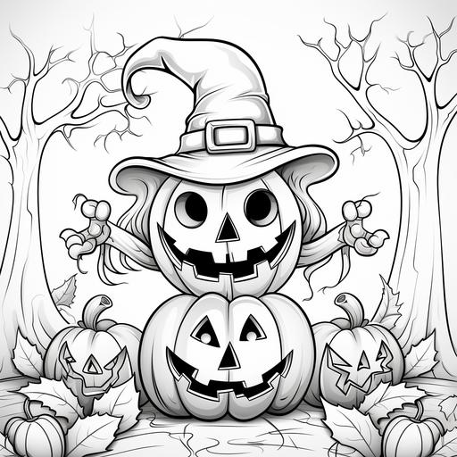 Create a Halloween-themed coloring page for kids 3-5 years old. Include a spooky tree, a grinning jack-o'-lantern, a witch's hat, and a cheerful spider in a cartoon style. Use thick lines, keep details simple, and avoid shading. Aspect ratio: 9:11.