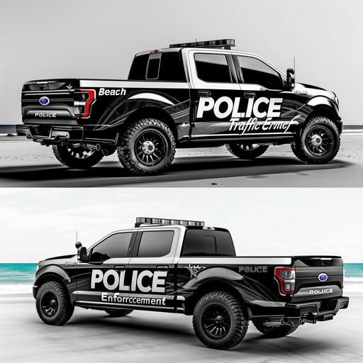 Create a Highly detailed image of: Highly detailed modern police car graphic design on a black and white Ford Lightning pickup truck, featuring a sleek 