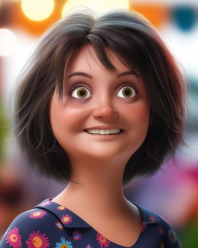 Create a Pixar-inspired caricature of Pia, using the provided image as a visual reference to closely resemble her. Pia has striking eyes that sparkle with joy and warmth, reflecting her engaging personality that makes everyone around her feel cherished. Her Pixar character should embody her love for handball, showcasing her in a dynamic pose possibly holding a handball or in action, capturing the energy and passion she brings to the sport. Include elements that hint at her enthusiasm for speedway, such as a background featuring a speedway track or her wearing speedway-themed attire, adding a layer of excitement and movement to the image. Additionally, depict Pia in a setting that suggests she's at a trade fair, standing proudly by an immaculately organized exhibition stand, representing her responsibility and pride in presenting an appealing and professional trade fair. The overall image should exude the joy, warmth, and vibrant energy Pia brings to these hobbies and her interactions, captured in a style that is unmistakably Pixar - colorful, expressive, and deeply characterful. Dark floral shirt, hair is almost shoulder length --v 6.0 --style raw --ar 4:5