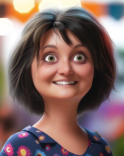 Create a Pixar-inspired caricature of Pia, using the provided image as a visual reference to closely resemble her. Pia has striking eyes that sparkle with joy and warmth, reflecting her engaging personality that makes everyone around her feel cherished. Her Pixar character should embody her love for handball, showcasing her in a dynamic pose possibly holding a handball or in action, capturing the energy and passion she brings to the sport. Include elements that hint at her enthusiasm for speedway, such as a background featuring a speedway track or her wearing speedway-themed attire, adding a layer of excitement and movement to the image. Additionally, depict Pia in a setting that suggests she's at a trade fair, standing proudly by an immaculately organized exhibition stand, representing her responsibility and pride in presenting an appealing and professional trade fair. The overall image should exude the joy, warmth, and vibrant energy Pia brings to these hobbies and her interactions, captured in a style that is unmistakably Pixar - colorful, expressive, and deeply characterful. Dark floral shirt, hair is almost shoulder length --v 6.0 --style raw --ar 4:5