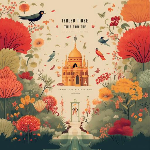 Create a Save The Date wedding invite happening agra city. Showcase agra, pichwai art, trees, traditional yet modern and classy, lake, birds, marigold indian flowers, wordings, mention date, name of bride and groom.