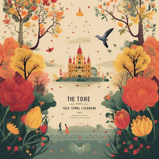 Create a Save The Date wedding invite happening agra city. Showcase agra, pichwai art, trees, traditional yet modern and classy, lake, birds, marigold indian flowers, wordings, mention date, name of bride and groom.