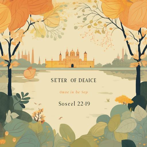 Create a Save The Date wedding invite happening agra city. Showcase agra, tajmahal, green trees, yellow ornage flowers, arches, pichwai art, trees, traditional yet modern and classy, lake, marigold indian flowers, wordings, mention date, name of bride and groom, pichwai painting, lotus , lakes