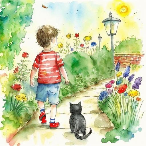 Create a beautiful watercolor painting masterpiece of a three year old boy and his black cat walking through a fantasy alphabet garden. (1) The medium should be light and airy, showcasing soft lines and delicate washes of color. (2) The boy has tousled, curly brown hair and big, bright blue eyes. He's wearing a bright red and yellow striped shirt, blue shorts, and little brown boots. The black cat is sleek and shiny, with piercing green eyes, a white patch of fur on its chest, and a silver collar with a tag that reads 'Midnight.' (3) The fantasy alphabet garden is a lush, magical place, filled with towering topiaries, winding paths, and hidden nooks and crannies. The colors are bright and bold, with a rainbow of shades ranging from deep purples and blues to bright oranges, pinks, and yellows. Each letter of the alphabet is represented in the garden, with whimsical sculptures and topiaries that depict animals, plants, and objects that start with each letter. The sun is shining bright, casting dappled shadows on the ground. (4) The boy and his cat are walking hand in hand down a winding path, surrounded by tall, green topiaries that spell out 'A is for Apple' and 'B is for Butterfly.' (5) Direct the boy's pose to have him looking up at the 'C is for Cat' topiary, pointing excitedly with one hand, while holding his cat's paw in the other. The cat is looking up at him adoringly. (6) The artwork should be in the style of Beatrix Potter, known for her whimsical illustrations of animals and gardens. This artwork should be a masterpiece, extremely detailed and enchanting in every way.