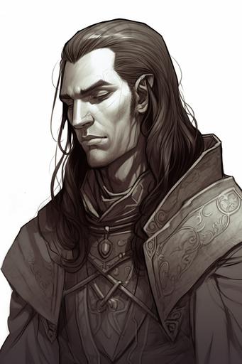 Create a black and white sketch of Thorne Valerius, a Dhampir Grave Domain Cleric and Monk. He is a muscular figure with a slight pallor to his skin. He has dark, loosely styled hair falling around a stern face softened by contemplation. His eyes are closed, showcasing long dark lashes, and he has a prominent, straight nose. Thorne is depicted in a moment of calm, sitting in a meditative posture against an old tree. He is wearing simple, functional clothing: a sleeveless tunic and loose trousers, revealing his toned arms and legs. Hanging from his neck is an amulet, his holy symbol, and nearby him lies a mace and a dagger. In his hands, he holds an open prayer book, a sign of his dedication. Around him, there's a hint of a garden setting, full of night-blooming flowers. Try to capture the tranquility of the scene, the strength in Thorne's form, and the balance he represents between life and death. --v 5 --ar 2:3