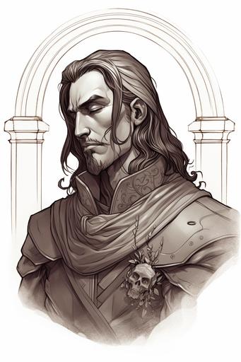 Create a black and white sketch of Thorne Valerius, a Dhampir Grave Domain Cleric and Monk. He is a muscular figure with a slight pallor to his skin. He has dark, loosely styled hair falling around a stern face softened by contemplation. His eyes are closed, showcasing long dark lashes, and he has a prominent, straight nose. Thorne is depicted in a moment of calm, sitting in a meditative posture against an old tree. He is wearing simple, functional clothing: a sleeveless tunic and loose trousers, revealing his toned arms and legs. Hanging from his neck is an amulet, his holy symbol, and nearby him lies a mace and a dagger. In his hands, he holds an open prayer book, a sign of his dedication. Around him, there's a hint of a garden setting, full of night-blooming flowers. Try to capture the tranquility of the scene, the strength in Thorne's form, and the balance he represents between life and death. --v 5 --ar 2:3