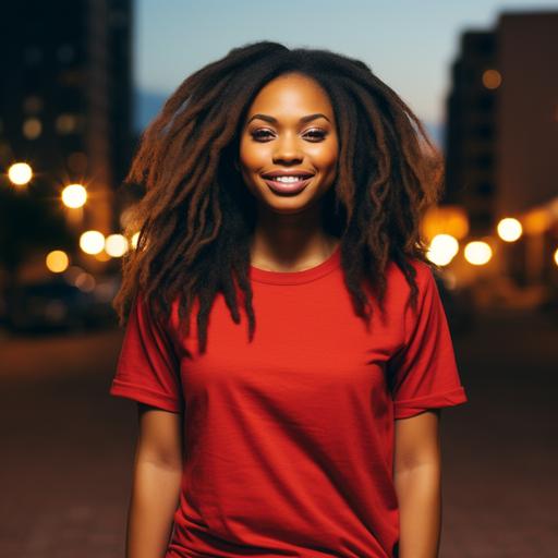 Create a blank crewneck red tshirt mockup of an african woman smiling, full lips, glam makeup, long hair, baddie city lights background
