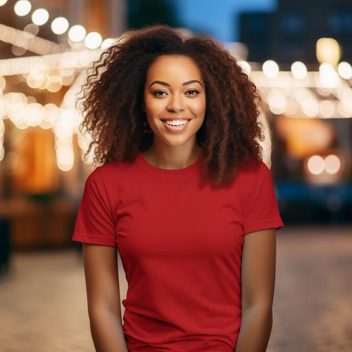 Create a blank crewneck red tshirt mockup of an african woman smiling, full lips, glam makeup, long hair, baddie city lights background