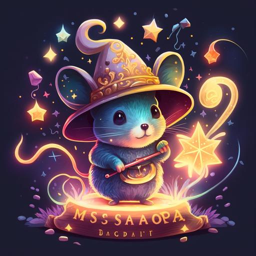 Create a bright and colorful title page illustration featuring a small, cute mouse wearing a little wizard hat on its head, surrounded by sparkles and magical elements like stars, wands, and glowing orbs.