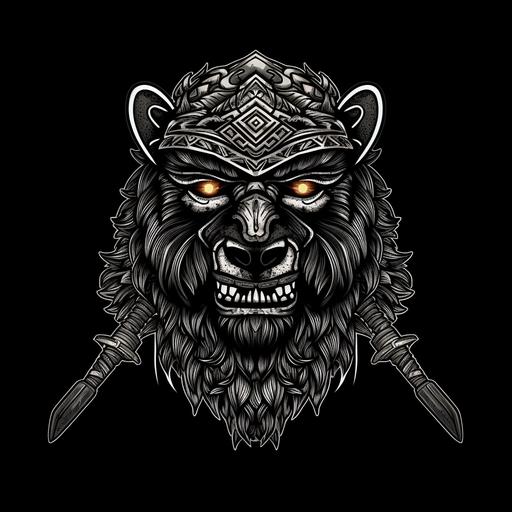 Create a captivating image of a Pacific Islander warrior bear face logo with a fierce expression, showcasing intricate details of traditional warrior tribal weapons. Incorporate the name 