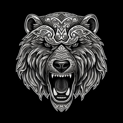 Create a captivating image of a Pacific Islander warrior bear face logo with a fierce expression, showcasing intricate details of traditional warrior tribal weapons. Incorporate the name 