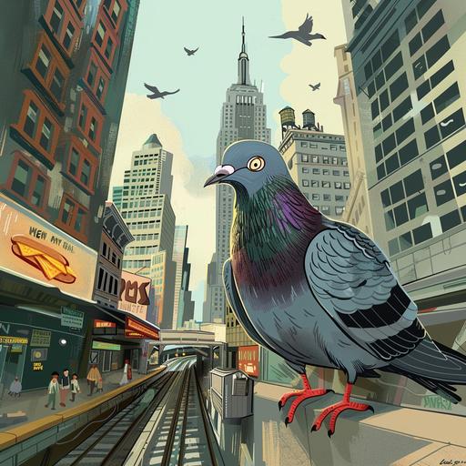 Create a captivating scene set in the heart of New York City, focusing on a plucky pigeon named Percy as the central character. Picture Percy perched atop a bustling subway entrance, his feathers ruffled by the gentle city breeze. His curious eyes reflect the vibrant energy of the metropolis as he watches humans and fellow birds alike bustling about their day. Show Percy's interactions with the diverse cast of characters: perhaps he shares a knowing glance with a street musician, hops along the sidewalk in pursuit of a wayward French fry, or flutters alongside a passing taxi, its honking horn echoing through the urban canyon. Surround Percy with the iconic landmarks of the city, from the towering skyscrapers to the thrumming streets below, each element infused with a sense of whimsy and charm. Capture Percy's endearing personality and his journey through the bustling streets of New York, where even a humble pigeon can find adventure and belonging in the big city