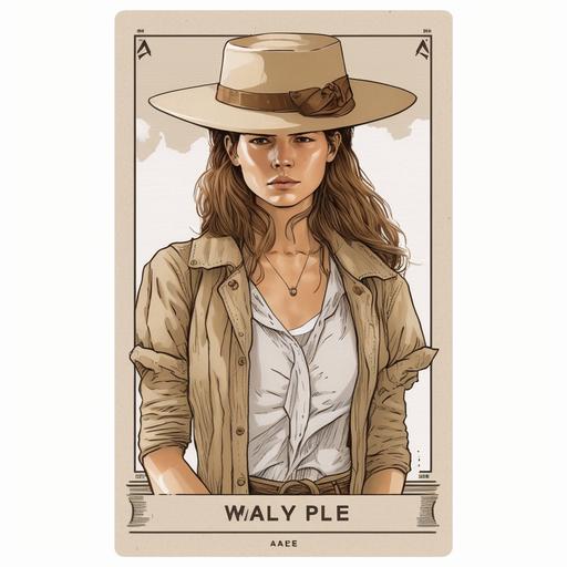 Create a card of a woman with a light brown hair, a bucket hat, plain beige t-shirt, cargo pants ,in the style of classic Rider-Waite Tarot deck