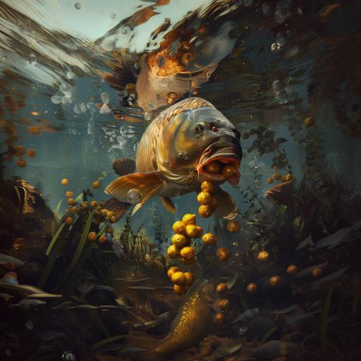 Create a carpfishing image where a leather gigant carp, eating some yellow balls with a size of 20 millimeters of food (boilies). The leather carp is found at the bottom of a reservoir with aquatic vegetation. The common carp has a bigger belly. The image will have 8k quality