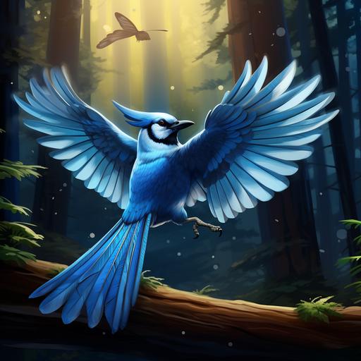 Create a cartoon blue jay bird flapping its wings, in the dark no sunlight looking for worms for breakfast