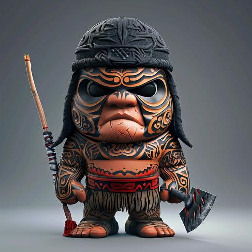 Create a cartoon character with crystal clear clarity and vivid detailing. The character is a Maori called Gumboot Hori, muscular and giant but short, adorned with traditional Maori designs and patterns that have flowing lines and glowing patterns. He wears a black beanie over his head with eye holes cut out, which serves as his mask. The beanie has vivid detailing and intricate textures. His attire consists of hunting and fishing clothing with wear and tear, baggy and worn-out pants, and his footwear includes scuffed-up gumboots with red bands, decorated with traditional Maori designs and patterns that feature flowing lines and glowing patterns. He carries a spade as his weapon, adorned with traditional Maori designs, patterns with flowing lines, glowing patterns, and the end of his spade's edge is sharp as a ninja's blade, capable of filleting a tomato. The character combines elements of Maori culture with a unique, adventurous spirit.