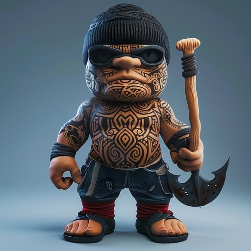 Create a cartoon character with crystal clear clarity and vivid detailing. The character is a Maori called Gumboot Hori, muscular and giant but short, adorned with traditional Maori designs and patterns that have flowing lines and glowing patterns. He wears a black beanie over his head with eye holes cut out, which serves as his mask. The beanie has vivid detailing and intricate textures. His attire consists of hunting and fishing clothing with wear and tear, baggy and worn-out pants, and his footwear includes scuffed-up gumboots with red bands, decorated with traditional Maori designs and patterns that feature flowing lines and glowing patterns. He carries a spade as his weapon, adorned with traditional Maori designs, patterns with flowing lines, glowing patterns, and the end of his spade's edge is sharp as a ninja's blade, capable of filleting a tomato. The character combines elements of Maori culture with a unique, adventurous spirit.