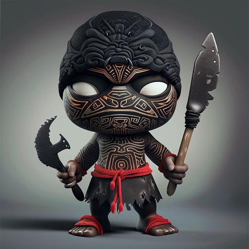 Create a cartoon character with crystal clear clarity and vivid detailing. The character is a Maori called Gumboot Hori, muscular and giant but short, adorned with traditional Maori designs and patterns that have flowing lines and glowing patterns. He wears a black beanie over his head with eye holes cut out, which serves as his mask. The beanie has vivid detailing and intricate textures. His attire consists of hunting and fishing clothing with wear and tear, baggy and worn-out pants, and his footwear includes scuffed-up gumboots with red bands, decorated with traditional Maori designs and patterns that feature flowing lines and glowing patterns. He carries a spade as his weapon, adorned with traditional Maori designs, patterns with flowing lines, glowing patterns, and the end of his spade's edge is sharp as a ninja's blade, capable of filleting a tomato. The character combines elements of Maori culture with a unique, adventurous spirit.