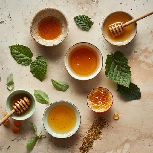 Create a catalog-worthy image featuring a photoshoot setup of product honey & tulsi leafs kept on seperate bowls