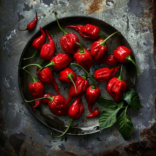 Create a catalog-worthy image featuring a photoshoot setup of naga peppers