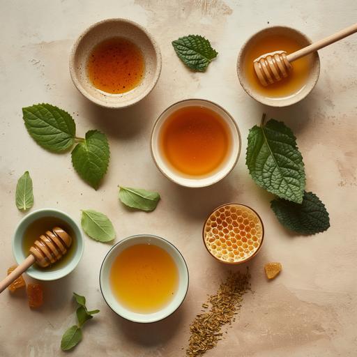 Create a catalog-worthy image featuring a photoshoot setup of product honey & tulsi leafs kept on seperate bowls --v 6.0