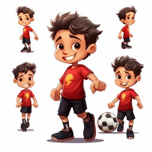 Create a character for a children's story, a 7-year-old soccer-playing boy, with a tan complexion, various poses and expressions, cute, red and black shirt with black shorts, wearing soccer cleats, no glasses. The background of the image is white.
