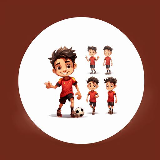 Create a character for a children's story, a 7-year-old soccer-playing boy, with a tan complexion, various poses and expressions, cute, red and black shirt with black shorts, wearing soccer cleats, no glasses. The background of the image is white.