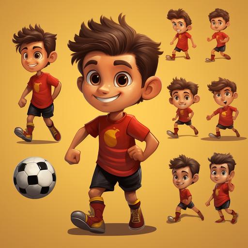 Create a character for a children's story, a 7-year-old soccer-playing boy, tan complexion, various poses and expressions, cute, red and black shirt with black shorts, wearing yellow soccer cleats, no glasses. The background of the image is white.