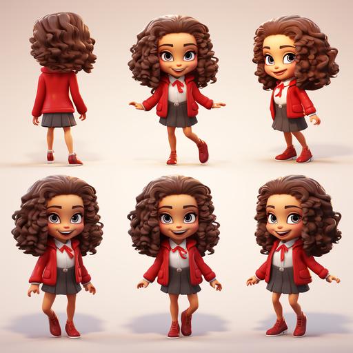 Create a character in various positions and expressions for a children's story Characteristics: girl, light brown skin, curly hair, businesswoman, dressed in a red jacket, ugly sweater, a skirt with black and white squares, red shoes. place the character in various positions, in a luxury and elegant office, disney style, chibi, full body, cute, smiling, unreal engine, detailed, ultra high definition, 8k