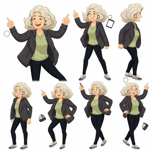 Create a character in various positions and expressions for social media posts. Character Features: Woman 55 years old, beautiful, slightly overweight, white skin, wavy hair with blonde highlights at shoulder length, green eyes, wearing black jeans, black t-shirt and pink blazer, white tennis shoes. Neck chain with the infinity symbol. Place the character on a white background and in various positions and expressions. , disney style, chibi, full body, cute, smiling, unreal engine, detailed, ultra high definition, 8k