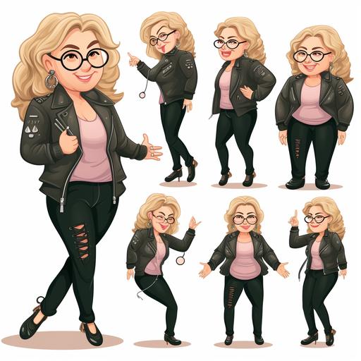 Create a character in various positions and expressions for social media posts. Character Features: Woman 55 years old, beautiful, slightly overweight, white skin, wavy hair with blonde highlights at shoulder length, green eyes, wearing black jeans, black t-shirt and pink blazer, white tennis shoes. Neck chain with the infinity symbol. Place the character on a white background and in various positions and expressions. , disney style, chibi, full body, cute, smiling, unreal engine, detailed, ultra high definition, 8k