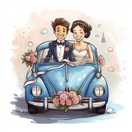 Create a charming cartoon scene for a wedding invitation: Picture a vintage Volkswagen Beetle adorned with ribbons and cans, carrying a joyful pair of newlyweds. The 'Just Married' sign on the back is a tad oversized, almost covering the rear window. both sitting in the car, both wearing exuberant expressions as they navigate a winding road of love together. The car might have a trail of 'wedding chaos' behind it – fallen cans, confetti, and maybe even a stray bouquet! --s 250