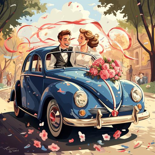 Create a charming cartoon scene for a wedding invitation: Picture a vintage Volkswagen Beetle adorned with ribbons and cans, carrying a joyful pair of newlyweds. The 'Just Married' sign on the back is a tad oversized, almost covering the rear window. both sitting in the car, both wearing exuberant expressions as they navigate a winding road of love together. The car might have a trail of 'wedding chaos' behind it – fallen cans, confetti, and maybe even a stray bouquet! --s 250