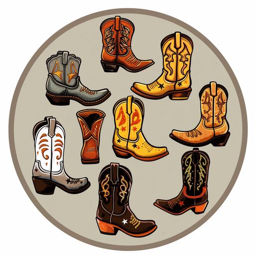 Create a circular badge of a collection of different kinds of vector cartoon cowboy boots in a grid pattern