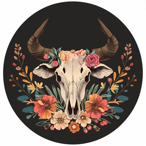 Create a circular badge of a stylized cartoon of a steer skull decorated with vector flowers.