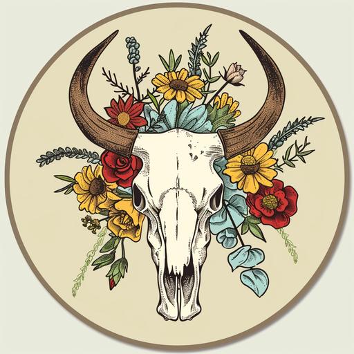 Create a circular badge of a stylized cartoon of a steer skull decorated with vector flowers.