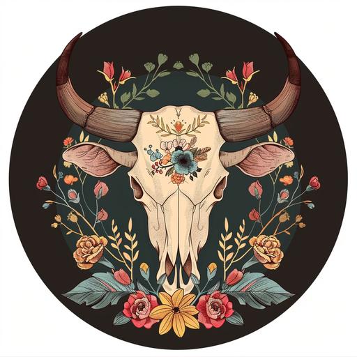 Create a circular badge of a stylized cartoon of a steer skull decorated with vector flowers.