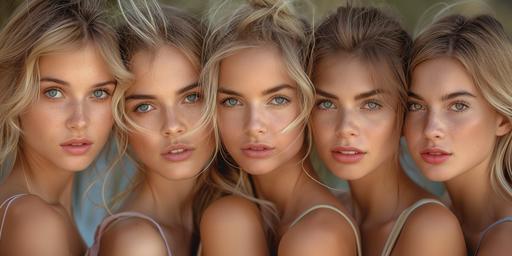 Create a close-up, ultra-high-resolution group photo of seven stunning Scandinavian sisters, ages 18 to 30, who all bear a striking familial resemblance, suggesting they could indeed be sisters. Each woman makes a soft kissy lips face, their expressions filled with warmth and subtle joy, capturing a moment of shared sisterly love and beauty. They are all dressed in tank tops, adding a casual yet cohesive look to the group, allowing their individual beauty and unity as a family to shine through. The natural, soft golden hour sunlight illuminates their flawless skin, highlighting the variety of their expressions and the unique details of their faces while maintaining a harmonious aesthetic across the group. The background is a beautifully blurred Scandinavian landscape, ensuring the focus remains on the sisters, with a deep depth of field that enhances the visual appeal of the composition. Aim for the highest photographic realism, capturing the intricate details of their features, the texture of their hair, and the soft fabric of their tank tops in 8k resolution. The image should convey a timeless moment of intimacy and connection among the sisters, each contributing to the stunning visual narrative of familial bonds and shared heritage. --ar 2:1 --style raw --v 6.0 --s 750